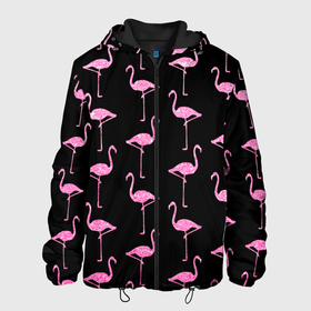 Мужская куртка 3D с принтом Фламинго | Чёрная в Екатеринбурге, ткань верха — 100% полиэстер, подклад — флис | прямой крой, подол и капюшон оформлены резинкой с фиксаторами, два кармана без застежек по бокам, один большой потайной карман на груди. Карман на груди застегивается на липучку | Тематика изображения на принте: birds | drawing | fashion | feathers | flamingo | graphics | illustration | pink | stand | style | wings | youth | графика | иллюстрация | картинка | клюв | красивые | крылья | мода | молодежная | перья | птицы | рисунок | розовый | стиль | стоят