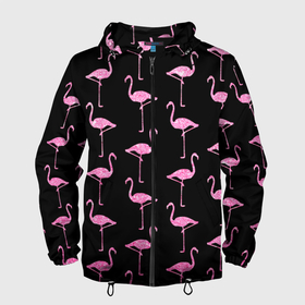 Мужская ветровка 3D с принтом Фламинго | Чёрная в Белгороде, 100% полиэстер | подол и капюшон оформлены резинкой с фиксаторами, два кармана без застежек по бокам, один потайной карман на груди | birds | drawing | fashion | feathers | flamingo | graphics | illustration | pink | stand | style | wings | youth | графика | иллюстрация | картинка | клюв | красивые | крылья | мода | молодежная | перья | птицы | рисунок | розовый | стиль | стоят
