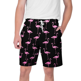 Мужские шорты 3D с принтом Фламинго | Чёрная в Тюмени,  полиэстер 100% | прямой крой, два кармана без застежек по бокам. Мягкая трикотажная резинка на поясе, внутри которой широкие завязки. Длина чуть выше колен | birds | drawing | fashion | feathers | flamingo | graphics | illustration | pink | stand | style | wings | youth | графика | иллюстрация | картинка | клюв | красивые | крылья | мода | молодежная | перья | птицы | рисунок | розовый | стиль | стоят