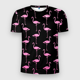 Мужская футболка 3D Slim с принтом Фламинго | Чёрная в Белгороде, 100% полиэстер с улучшенными характеристиками | приталенный силуэт, круглая горловина, широкие плечи, сужается к линии бедра | birds | drawing | fashion | feathers | flamingo | graphics | illustration | pink | stand | style | wings | youth | графика | иллюстрация | картинка | клюв | красивые | крылья | мода | молодежная | перья | птицы | рисунок | розовый | стиль | стоят
