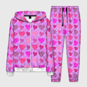 Мужской костюм 3D с принтом Розовые сердечки , 100% полиэстер | Манжеты и пояс оформлены тканевой резинкой, двухслойный капюшон со шнурком для регулировки, карманы спереди | 14 февраля | 8 марта | love | девочки | день святого валентина | женская | любовь | подружке | сердечки