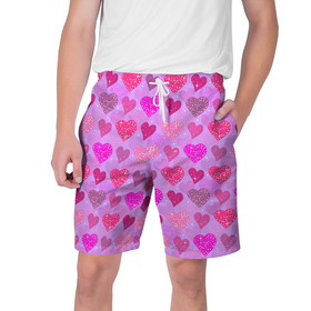 Мужские шорты 3D с принтом Розовые сердечки в Тюмени,  полиэстер 100% | прямой крой, два кармана без застежек по бокам. Мягкая трикотажная резинка на поясе, внутри которой широкие завязки. Длина чуть выше колен | 14 февраля | 8 марта | love | девочки | день святого валентина | женская | любовь | подружке | сердечки