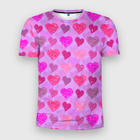 Мужская футболка 3D Slim с принтом Розовые сердечки в Курске, 100% полиэстер с улучшенными характеристиками | приталенный силуэт, круглая горловина, широкие плечи, сужается к линии бедра | 14 февраля | 8 марта | love | девочки | день святого валентина | женская | любовь | подружке | сердечки
