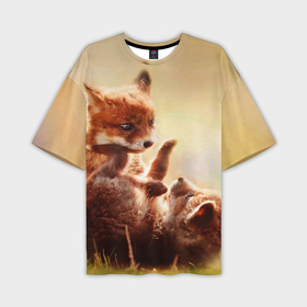 Мужская футболка oversize 3D с принтом Лисята играют в Санкт-Петербурге,  |  | fox | foxy | животное | звери | лиса | лисенок | лисичка | милая | рыжая | фокс
