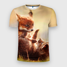 Мужская футболка 3D Slim с принтом Лисята играют в Белгороде, 100% полиэстер с улучшенными характеристиками | приталенный силуэт, круглая горловина, широкие плечи, сужается к линии бедра | fox | foxy | животное | звери | лиса | лисенок | лисичка | милая | рыжая | фокс