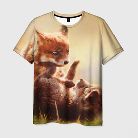 Мужская футболка 3D с принтом Лисята играют в Новосибирске, 100% полиэфир | прямой крой, круглый вырез горловины, длина до линии бедер | Тематика изображения на принте: fox | foxy | животное | звери | лиса | лисенок | лисичка | милая | рыжая | фокс