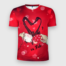Мужская футболка 3D Slim с принтом Love coffee в Новосибирске, 100% полиэстер с улучшенными характеристиками | приталенный силуэт, круглая горловина, широкие плечи, сужается к линии бедра | Тематика изображения на принте: 14 февраля | love | the 14th of february | valentine | день влюбленных | любовь | пара | святой валентин