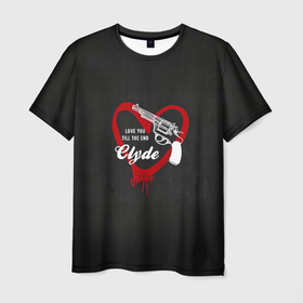 Мужская футболка 3D с принтом Clyde в Курске, 100% полиэфир | прямой крой, круглый вырез горловины, длина до линии бедер | barrow | bonnie | clyde | love you till the end | parker | бони | бони и клайд | бонни | для влюбленных | клайд | кровь | любовь | парные | пистолет | револьвер | сердце