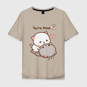 Мужская футболка хлопок Oversize с принтом Влюблённые котята в Тюмени, 100% хлопок | свободный крой, круглый ворот, “спинка” длиннее передней части | киска | котёнок | котик | котики | кошка | любовь | минимализм | нежность | отношения | пара | романтика