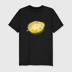 Мужская футболка хлопок Slim с принтом Дуриан в Санкт-Петербурге, 92% хлопок, 8% лайкра | приталенный силуэт, круглый вырез ворота, длина до линии бедра, короткий рукав | драконфрукт | еда | желтый | сладкий | фрукт