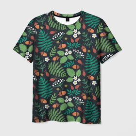 Мужская футболка 3D с принтом Лесные листочки цветочки , 100% полиэфир | прямой крой, круглый вырез горловины, длина до линии бедер | для дачника | для туриста | лесные | летние | летняя | с летним принтом | с листочками | с цветочками