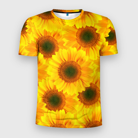 Мужская футболка 3D спортивная с принтом Принт подсолнухи желтый в Петрозаводске, 100% полиэстер с улучшенными характеристиками | приталенный силуэт, круглая горловина, широкие плечи, сужается к линии бедра | желтый | лето | подсолнухи | солнце | цветение | цветы