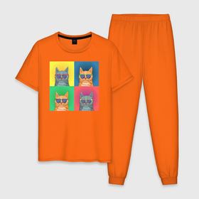 Мужская пижама хлопок с принтом Pop Art Коты , 100% хлопок | брюки и футболка прямого кроя, без карманов, на брюках мягкая резинка на поясе и по низу штанин
 | cat | cats | pop art cat | pop cat | кот | коты | кошка | поп арт кот