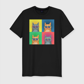 Мужская футболка хлопок Slim с принтом Pop Art Коты в Петрозаводске, 92% хлопок, 8% лайкра | приталенный силуэт, круглый вырез ворота, длина до линии бедра, короткий рукав | cat | cats | pop art cat | pop cat | кот | коты | кошка | поп арт кот