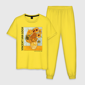 Мужская пижама хлопок с принтом Подсолнухи (Винсент Ван Гог) в Курске, 100% хлопок | брюки и футболка прямого кроя, без карманов, на брюках мягкая резинка на поясе и по низу штанин
 | ван гог | винсент ван гог | желтый | живопись | изобразительное искусство | импрессионизм | искусство | подсолнухи | постимпрессионизм | цветы