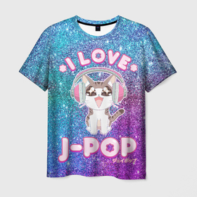 Мужская футболка 3D с принтом I Love Cat Pop в Тюмени, 100% полиэфир | прямой крой, круглый вырез горловины, длина до линии бедер | cat | dj | i love | love | pop | в наушниках | глаза | диджей | кот | котенок | котик | лав | люблю | любовь | музыка | музыкант | мяу | наушники | певец | петь | поп | попса | популярный | хвост | японский