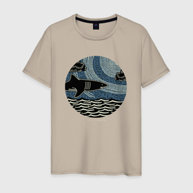 Мужская футболка хлопок с принтом Акула в Тюмени, 100% хлопок | прямой крой, круглый вырез горловины, длина до линии бедер, слегка спущенное плечо. | Тематика изображения на принте: fish | акула | вода | волны | море | океан | под водой | рыба | рыбалка | хищник