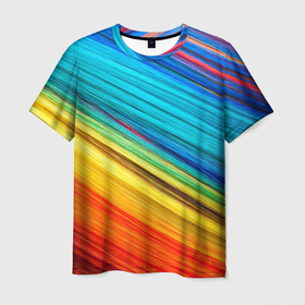 Мужская футболка 3D с принтом цветной мех диагональ в Белгороде, 100% полиэфир | прямой крой, круглый вырез горловины, длина до линии бедер | волокна | геометрия | диагональ | краски | мех | полоски | полосы | радуга | текстура | цвета | яркий
