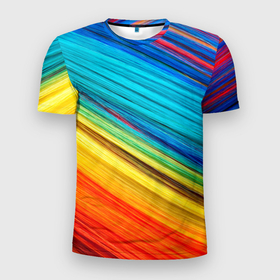 Мужская футболка 3D Slim с принтом цветной мех диагональ в Екатеринбурге, 100% полиэстер с улучшенными характеристиками | приталенный силуэт, круглая горловина, широкие плечи, сужается к линии бедра | волокна | геометрия | диагональ | краски | мех | полоски | полосы | радуга | текстура | цвета | яркий
