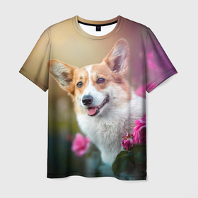Мужская футболка 3D с принтом Корги в розовом кусте  , 100% полиэфир | прямой крой, круглый вырез горловины, длина до линии бедер | домашний питомец | корги | куст | луг | малыш | нос | песик | поле | розы | собака | собаколюб | собачка | собачникам | уши | цветы | четвероногий друг | щенок | язык