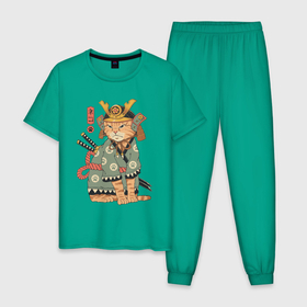 Мужская пижама хлопок с принтом Кот Самурай в Петрозаводске, 100% хлопок | брюки и футболка прямого кроя, без карманов, на брюках мягкая резинка на поясе и по низу штанин
 | Тематика изображения на принте: cat | cats | japan | ninja | samurai | tegunvteg | yakuza | катана | кот | котенок | коты | котэ | котята | кошка | ниндзя | самурай | якудза | япония