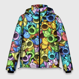 Мужская зимняя куртка 3D с принтом Цветные Поп Котики в Екатеринбурге, верх — 100% полиэстер; подкладка — 100% полиэстер; утеплитель — 100% полиэстер | длина ниже бедра, свободный силуэт Оверсайз. Есть воротник-стойка, отстегивающийся капюшон и ветрозащитная планка. 

Боковые карманы с листочкой на кнопках и внутренний карман на молнии. | Тематика изображения на принте: cat | pop | popping | wide mouthed | кот | котёнок | котик | кошка | паттерн | радуга | рот