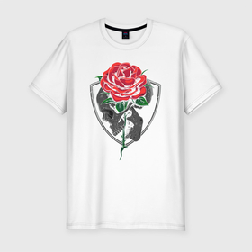 Мужская футболка хлопок Slim с принтом Skull&Rose в Санкт-Петербурге, 92% хлопок, 8% лайкра | приталенный силуэт, круглый вырез ворота, длина до линии бедра, короткий рукав | Тематика изображения на принте: герб | знак | роза | символ | скелет | цветок | череп