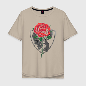 Мужская футболка хлопок Oversize с принтом Skull&Rose в Санкт-Петербурге, 100% хлопок | свободный крой, круглый ворот, “спинка” длиннее передней части | Тематика изображения на принте: герб | знак | роза | символ | скелет | цветок | череп