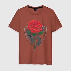 Мужская футболка хлопок с принтом Skull&Rose в Санкт-Петербурге, 100% хлопок | прямой крой, круглый вырез горловины, длина до линии бедер, слегка спущенное плечо. | герб | знак | роза | символ | скелет | цветок | череп