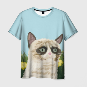 Мужская футболка 3D с принтом Grumpy Cat | акварель  art в Белгороде, 100% полиэфир | прямой крой, круглый вырез горловины, длина до линии бедер | grumpy cat | весна | кот | котэ | кошка | сердитая кошка | цветок | цветы