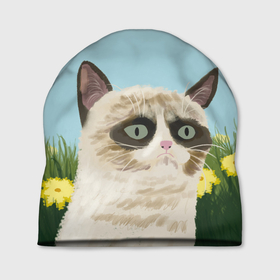 Шапка 3D с принтом Grumpy Cat в Курске, 100% полиэстер | универсальный размер, печать по всей поверхности изделия | grumpy cat | весна | кот | котэ | кошка | сердитая кошка | цветок | цветы