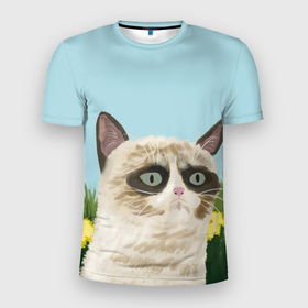 Мужская футболка 3D Slim с принтом Grumpy Cat | акварель  art в Петрозаводске, 100% полиэстер с улучшенными характеристиками | приталенный силуэт, круглая горловина, широкие плечи, сужается к линии бедра | grumpy cat | весна | кот | котэ | кошка | сердитая кошка | цветок | цветы