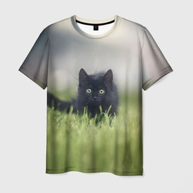 Мужская футболка 3D с принтом черный кот на лугу в Новосибирске, 100% полиэфир | прямой крой, круглый вырез горловины, длина до линии бедер | взгляд | внутренний | глаза | животные | звери | зверь | кот | котейка | котик | коты | котэ | кошки | лапы | нос | образ | прыжок | смотрит в душу | усы | уши | черный | черныш | шерсть