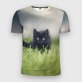 Мужская футболка 3D Slim с принтом черный кот на лугу в Санкт-Петербурге, 100% полиэстер с улучшенными характеристиками | приталенный силуэт, круглая горловина, широкие плечи, сужается к линии бедра | Тематика изображения на принте: взгляд | внутренний | глаза | животные | звери | зверь | кот | котейка | котик | коты | котэ | кошки | лапы | нос | образ | прыжок | смотрит в душу | усы | уши | черный | черныш | шерсть
