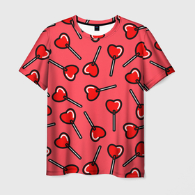Мужская футболка 3D с принтом Сердечки леденцы в Тюмени, 100% полиэфир | прямой крой, круглый вырез горловины, длина до линии бедер | 14 февраля | 8 марта | love | девочки | день святого валентина | женская | леденцы | любовь | подружке | сердечки | сосачки | чупа чупс