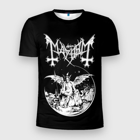 Мужская футболка 3D Slim с принтом Mayhem в Новосибирске, 100% полиэстер с улучшенными характеристиками | приталенный силуэт, круглая горловина, широкие плечи, сужается к линии бедра | Тематика изображения на принте: black | mayhem | metal | music | rock | блэк | гитара | группа | метал | музыка | рок | электрогитара
