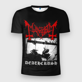 Мужская футболка 3D Slim с принтом Mayhem в Тюмени, 100% полиэстер с улучшенными характеристиками | приталенный силуэт, круглая горловина, широкие плечи, сужается к линии бедра | black | mayhem | metal | music | rock | skull | блэк | гитара | группа | метал | музыка | рок | череп | электрогитара