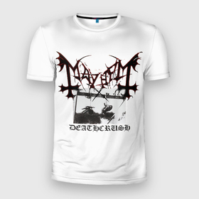 Мужская футболка 3D Slim с принтом Mayhem в Новосибирске, 100% полиэстер с улучшенными характеристиками | приталенный силуэт, круглая горловина, широкие плечи, сужается к линии бедра | Тематика изображения на принте: black | mayhem | metal | music | rock | skull | блэк | гитара | группа | метал | музыка | рок | череп | электрогитара