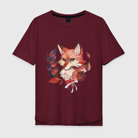 Мужская футболка хлопок Oversize с принтом акварельный лис , 100% хлопок | свободный крой, круглый ворот, “спинка” длиннее передней части | fox | акварель | бюст | зверь | лис | лиса | лисенок | лисичка | листья | портрет | ягоды