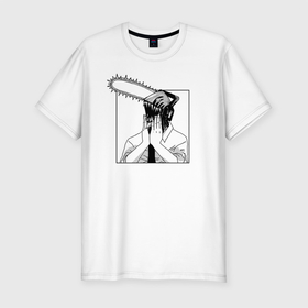 Мужская футболка хлопок Slim с принтом Человек Бензопила Дэнджи в Санкт-Петербурге, 92% хлопок, 8% лайкра | приталенный силуэт, круглый вырез ворота, длина до линии бедра, короткий рукав | chainsaw man | denji | бензопила | дэнджи | манга | мем | человек бензопила