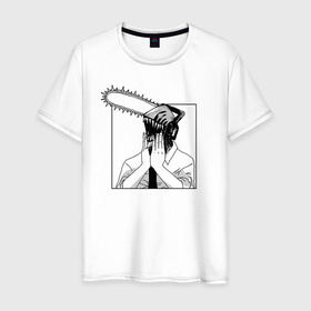 Мужская футболка хлопок с принтом Человек Бензопила Дэнджи в Тюмени, 100% хлопок | прямой крой, круглый вырез горловины, длина до линии бедер, слегка спущенное плечо. | chainsaw man | denji | бензопила | дэнджи | манга | мем | человек бензопила