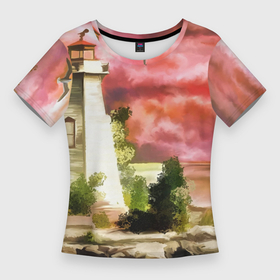 Женская футболка 3D Slim с принтом Lighthouse ,  |  | lighthouse | закат | маяк | небо | природа
