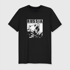 Мужская футболка хлопок Slim с принтом Россия - медведь в Белгороде, 92% хлопок, 8% лайкра | приталенный силуэт, круглый вырез ворота, длина до линии бедра, короткий рукав | russia | животные | зверь | клыки | медведь | оскал | патриот | россия | русский | хищник