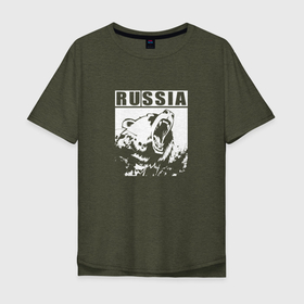 Мужская футболка хлопок Oversize с принтом Россия - медведь в Белгороде, 100% хлопок | свободный крой, круглый ворот, “спинка” длиннее передней части | russia | животные | зверь | клыки | медведь | оскал | патриот | россия | русский | хищник