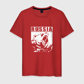 Мужская футболка хлопок с принтом Россия - медведь в Новосибирске, 100% хлопок | прямой крой, круглый вырез горловины, длина до линии бедер, слегка спущенное плечо. | russia | животные | зверь | клыки | медведь | оскал | патриот | россия | русский | хищник