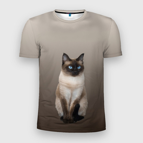 Мужская футболка 3D спортивная с принтом Сиамский кот голубые глаза в Тюмени, 100% полиэстер с улучшенными характеристиками | приталенный силуэт, круглая горловина, широкие плечи, сужается к линии бедра | арт | бежевый | градиент | киса | коричневый | кот | котейка | котенок | котик | котэ | кошка | реализм | сиамец | сиамский