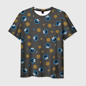 Мужская футболка 3D с принтом Cookie Monster в Новосибирске, 100% полиэфир | прямой крой, круглый вырез горловины, длина до линии бедер | Тематика изображения на принте: коржик | монстр | мультик | мультфильм | персонаж | печенье | текстура | улица сезам