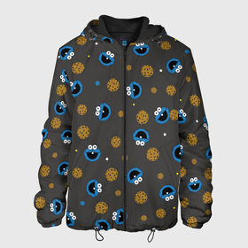 Мужская куртка 3D с принтом Cookie Monster в Санкт-Петербурге, ткань верха — 100% полиэстер, подклад — флис | прямой крой, подол и капюшон оформлены резинкой с фиксаторами, два кармана без застежек по бокам, один большой потайной карман на груди. Карман на груди застегивается на липучку | Тематика изображения на принте: коржик | монстр | мультик | мультфильм | персонаж | печенье | текстура | улица сезам