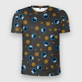 Мужская футболка 3D спортивная с принтом Cookie Monster в Кировске, 100% полиэстер с улучшенными характеристиками | приталенный силуэт, круглая горловина, широкие плечи, сужается к линии бедра | Тематика изображения на принте: коржик | монстр | мультик | мультфильм | персонаж | печенье | текстура | улица сезам