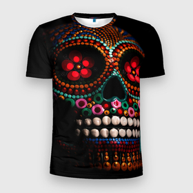 Мужская футболка 3D спортивная с принтом Skull в Белгороде, 100% полиэстер с улучшенными характеристиками | приталенный силуэт, круглая горловина, широкие плечи, сужается к линии бедра | бижутерия | день мёртвых. | череп